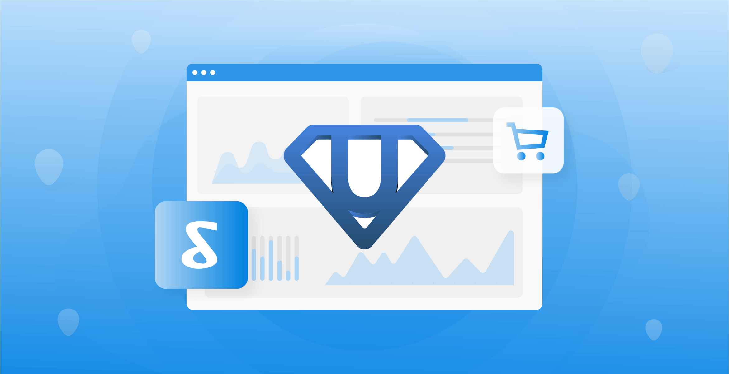 Dashboard with icons for shopping and analytics.