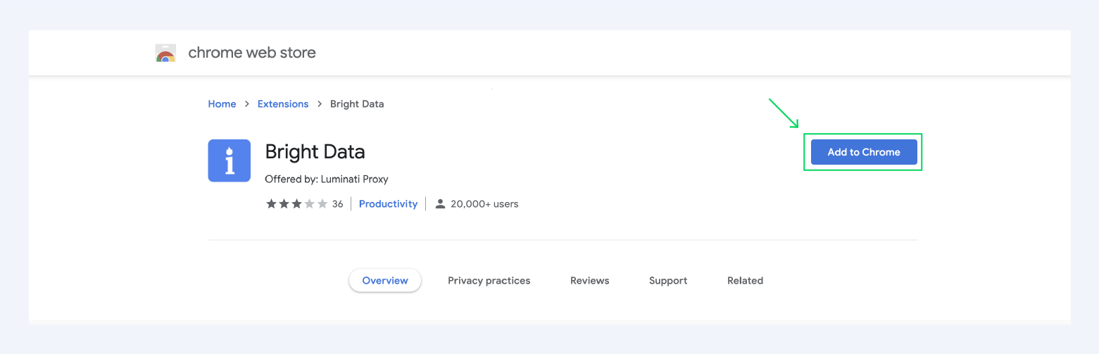 Bright data chrome extension for your browser as seen in the chrome web store where it can be downloaded from