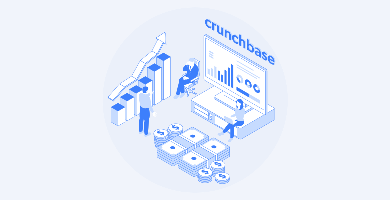 Graph, money, people, charts, Crunchbase logo, working, analyzing data.