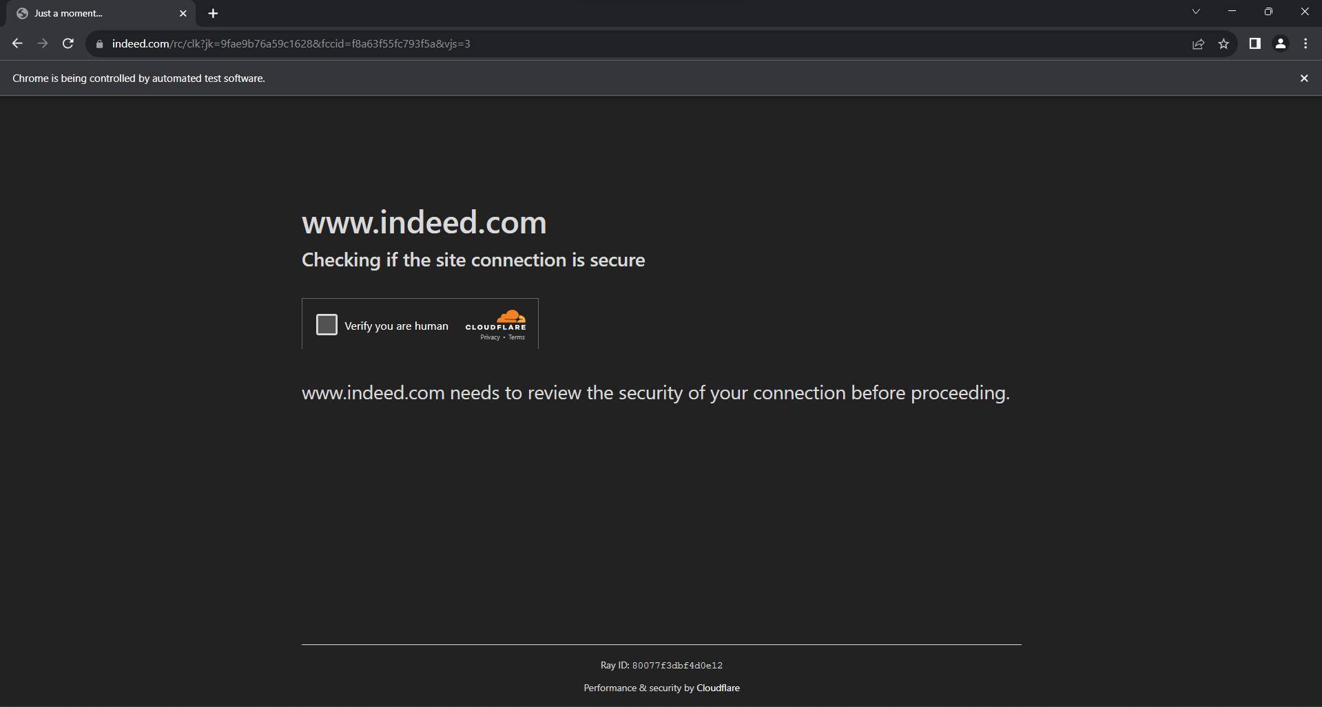 Cloudflare anti-bot screen on Indeed after excessive interactions
