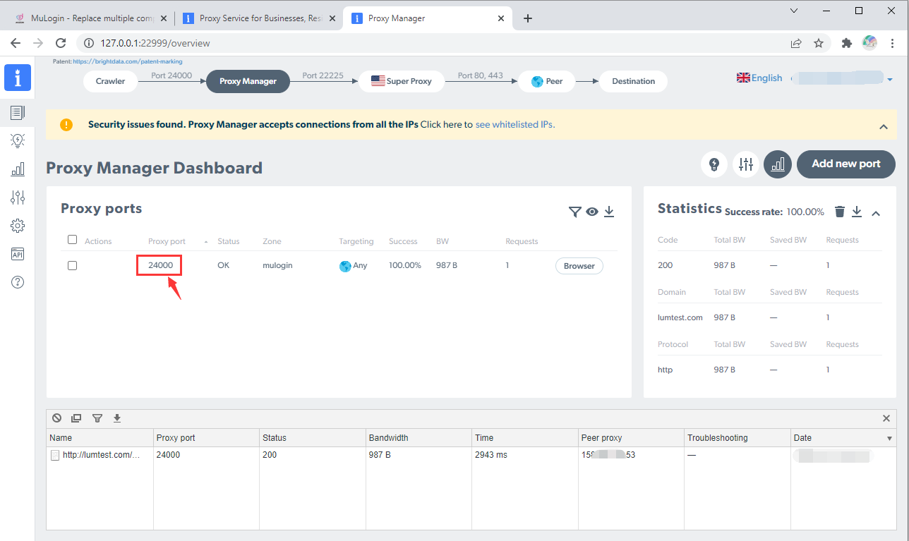 Proxy Manager Dashboard displaying port 24000 status and details.