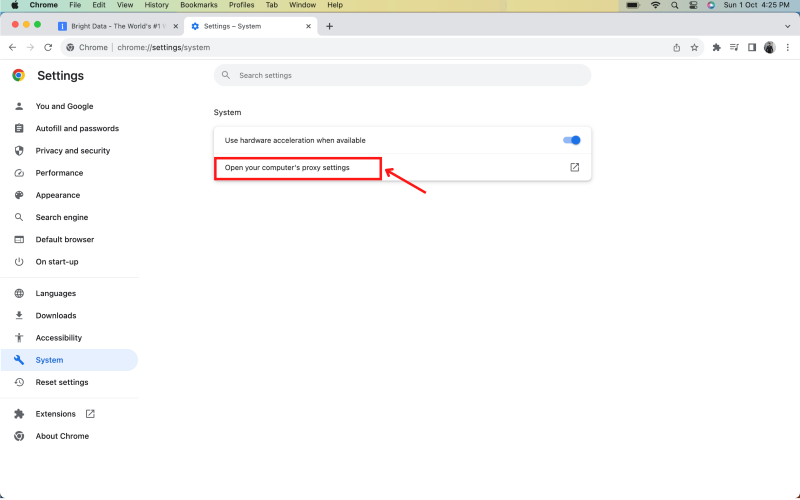 プロキシ設定オプションが強調表示されている Chrome 設定。