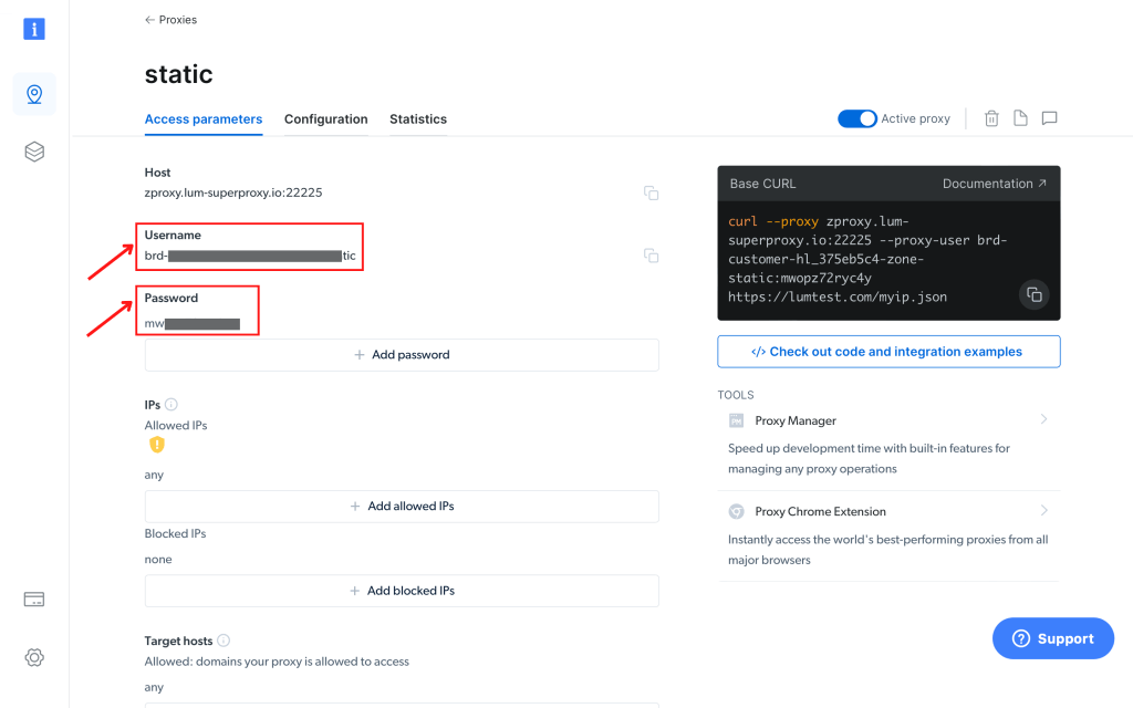 Proxy settings interface showing username and password fields.