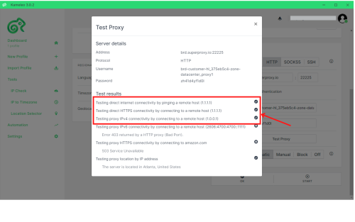 Proxy testing results window displaying various connectivity results.