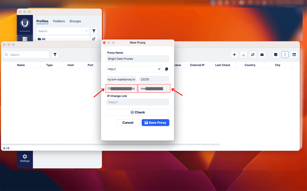 Proxy configuration window with multiple interface tabs open.