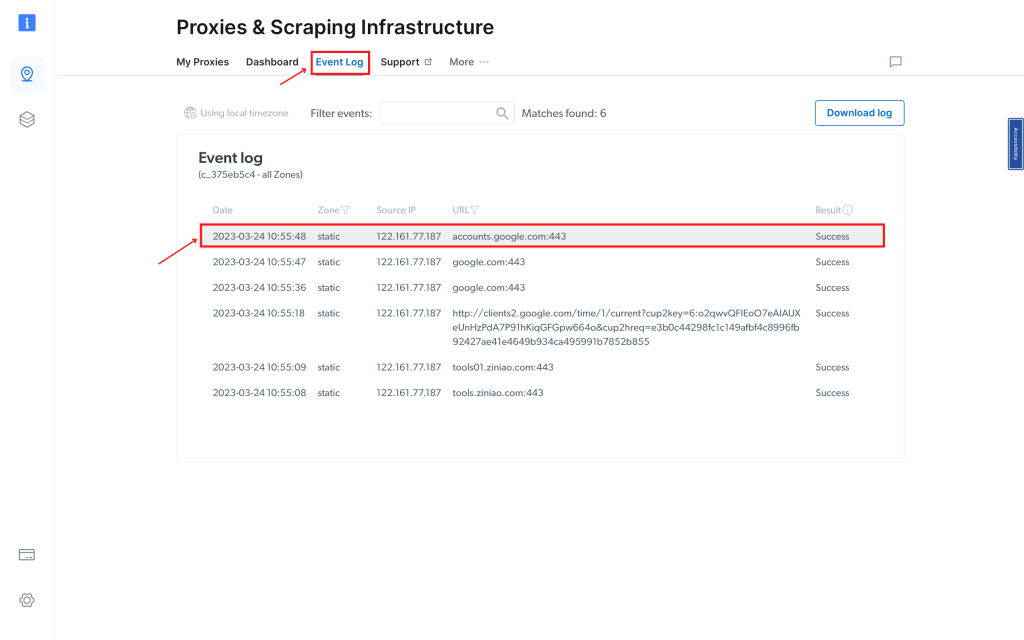 Event log showing multiple successful connections to various URLs.