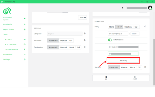 Dashboard with proxy and connection settings.