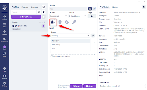 Web browser profile management interface showing proxy settings.