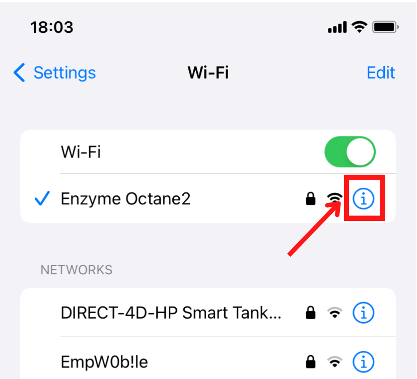 ネットワークと詳細アイコンが表示された Wi-Fi 設定画面。