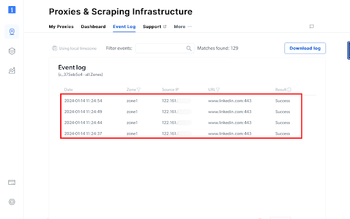 Event log showing successful connections to LinkedIn.