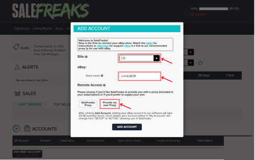 Dialog box for adding an eBay account on SaleFreaks.