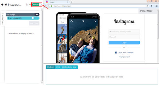 画像プレビューが表示された Instagram ログイン ページ。