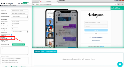 データ抽出用の Instagram スクレイピング ツール インターフェイス。