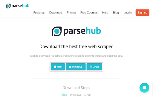 ParseHub のダウンロード オプション: Mac、Windows、Linux。