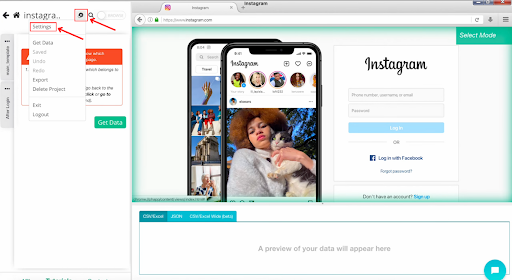 設定メニューが開いた Instagram Web ページ。