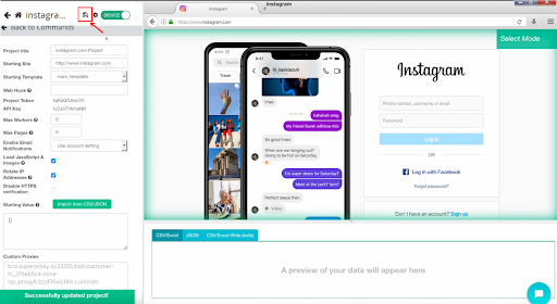 Instagram ログイン ページと電話メッセージ インターフェイス。
