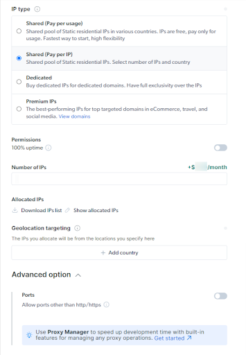 Bright Data's proxy settings, including IP type, geolocation, and more
