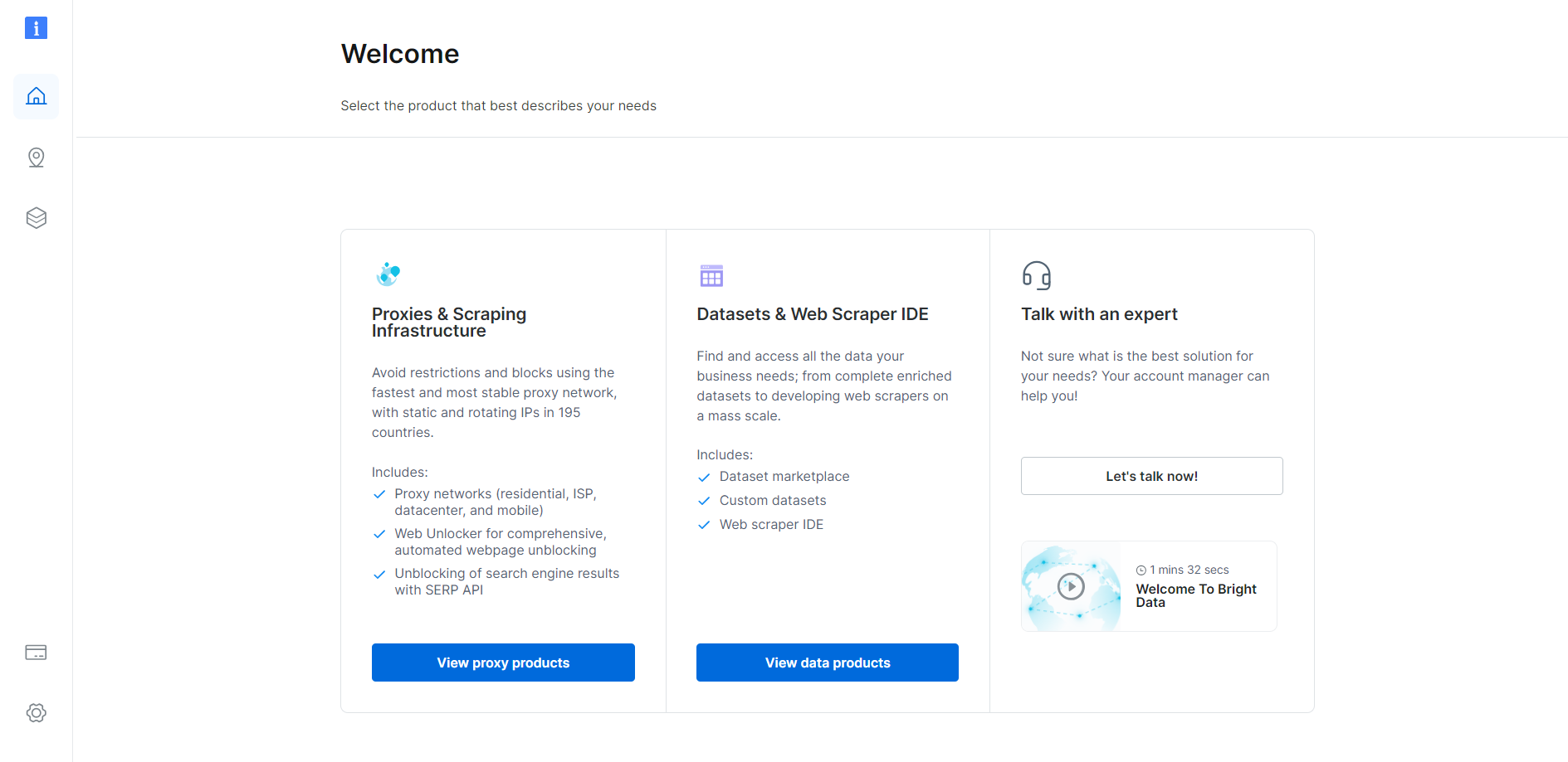 Bright Data's control panel main page