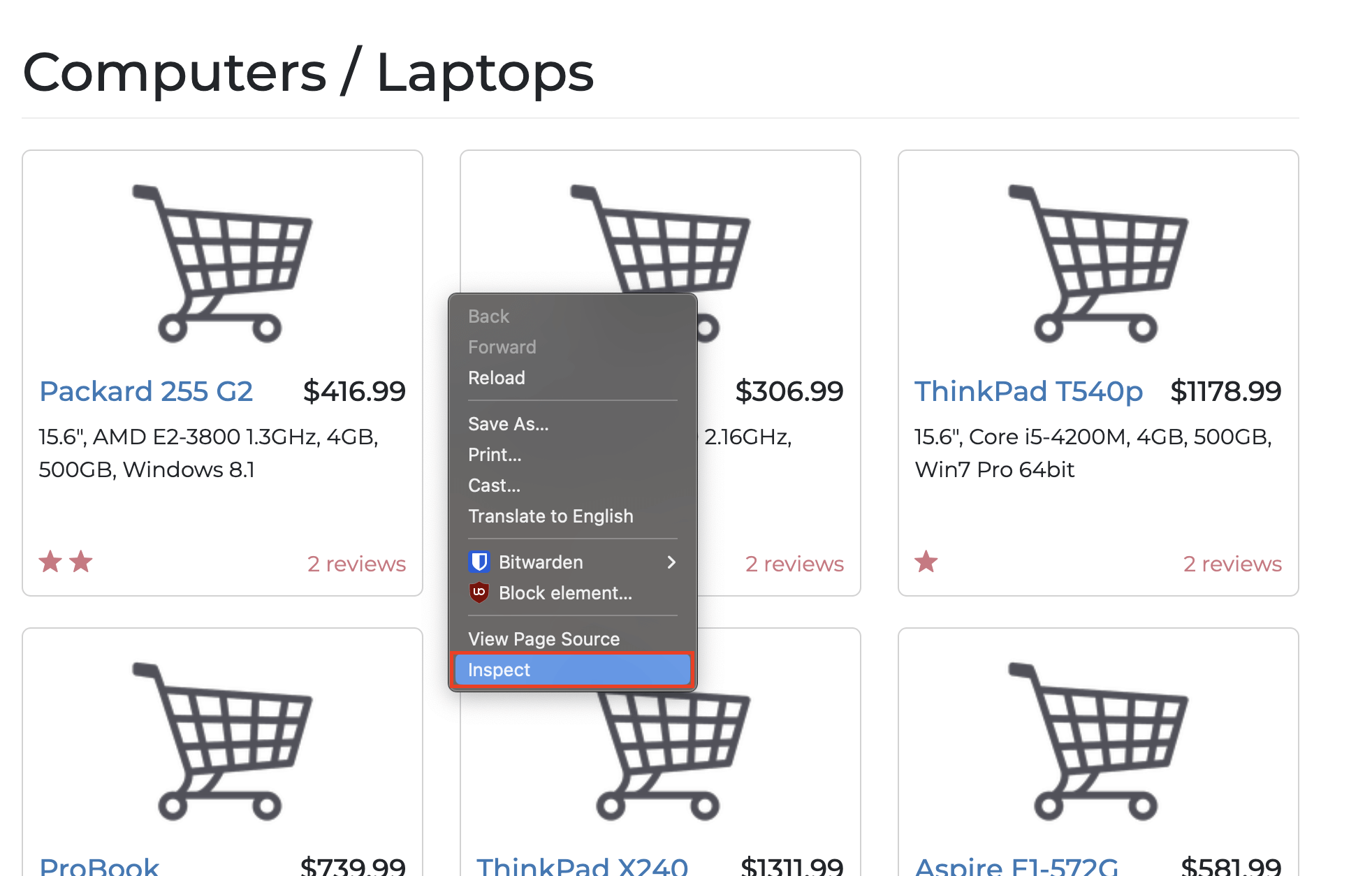 Click on inspect on the target website