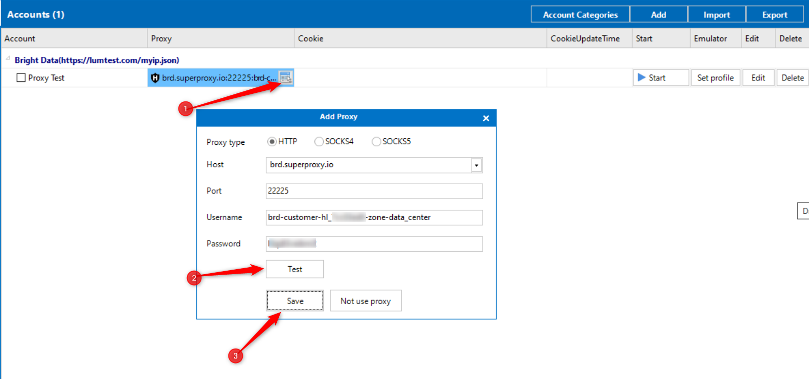 Adding a proxy in an account settings window.