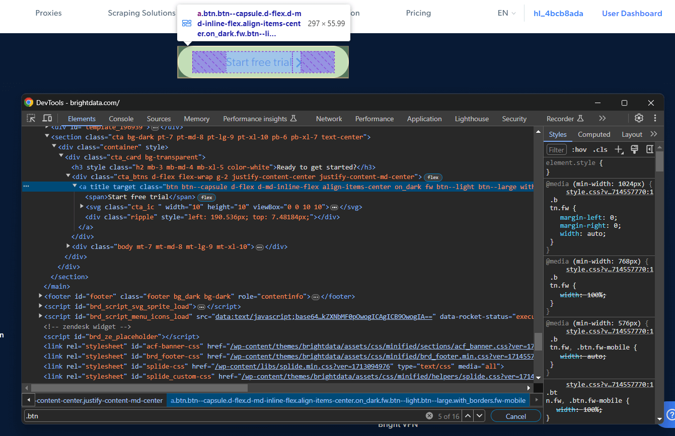 selecting inspect to find the CSS selector