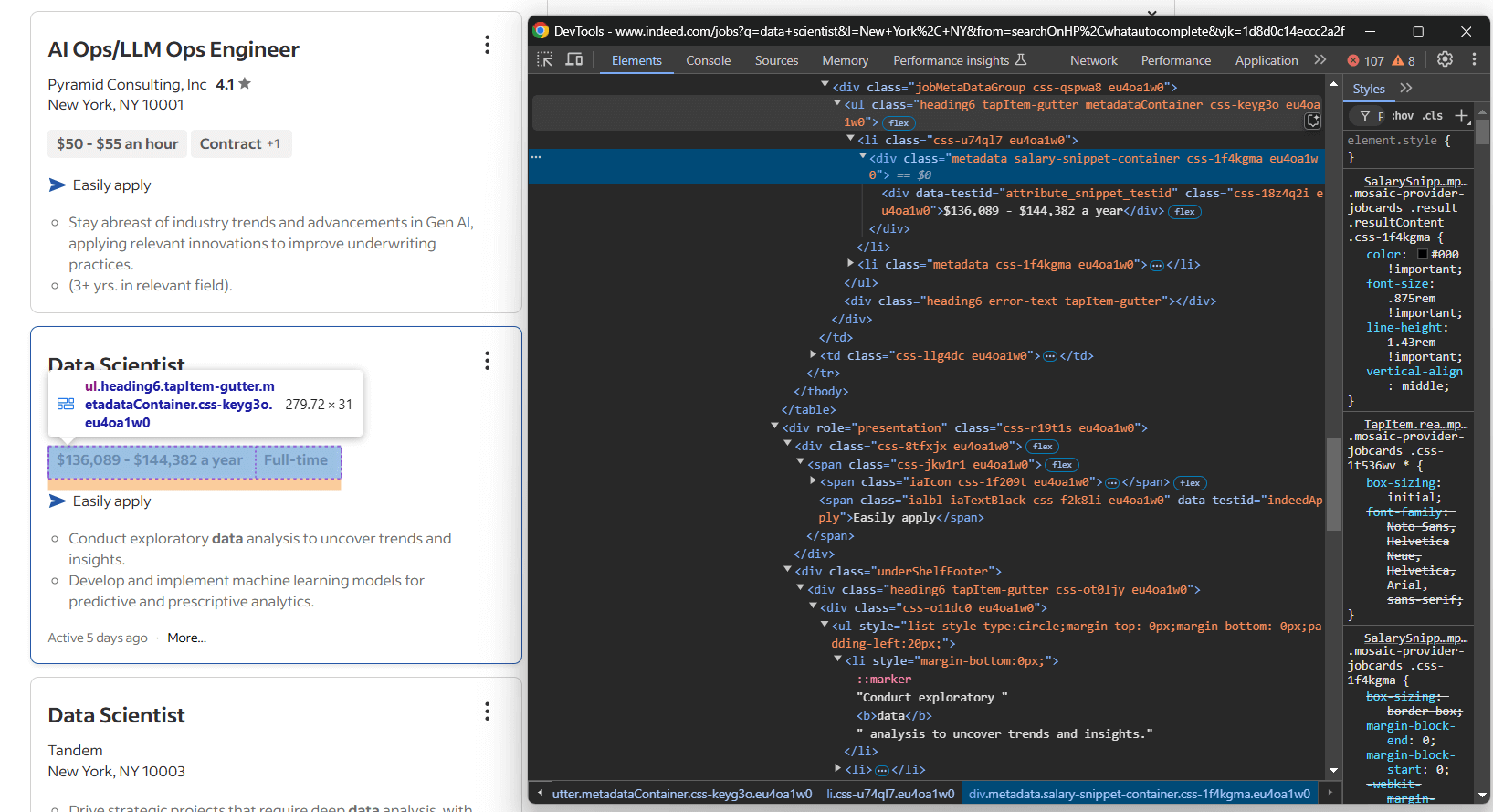 Inspecting the HTML of the job details