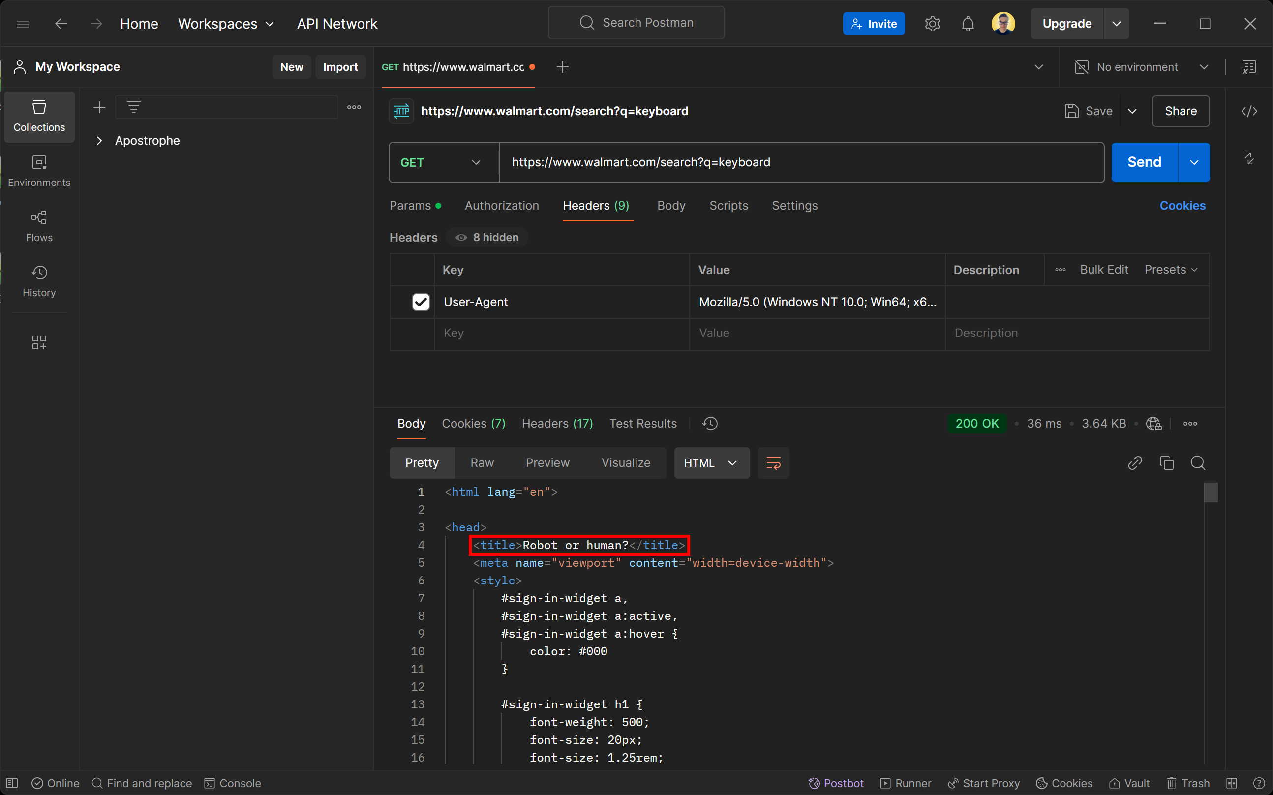 Note the response from the server