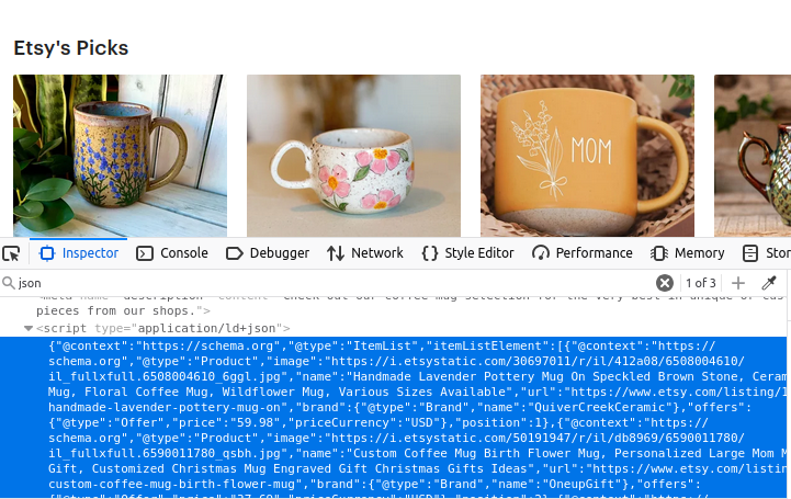 Inspecting Etsy's search results