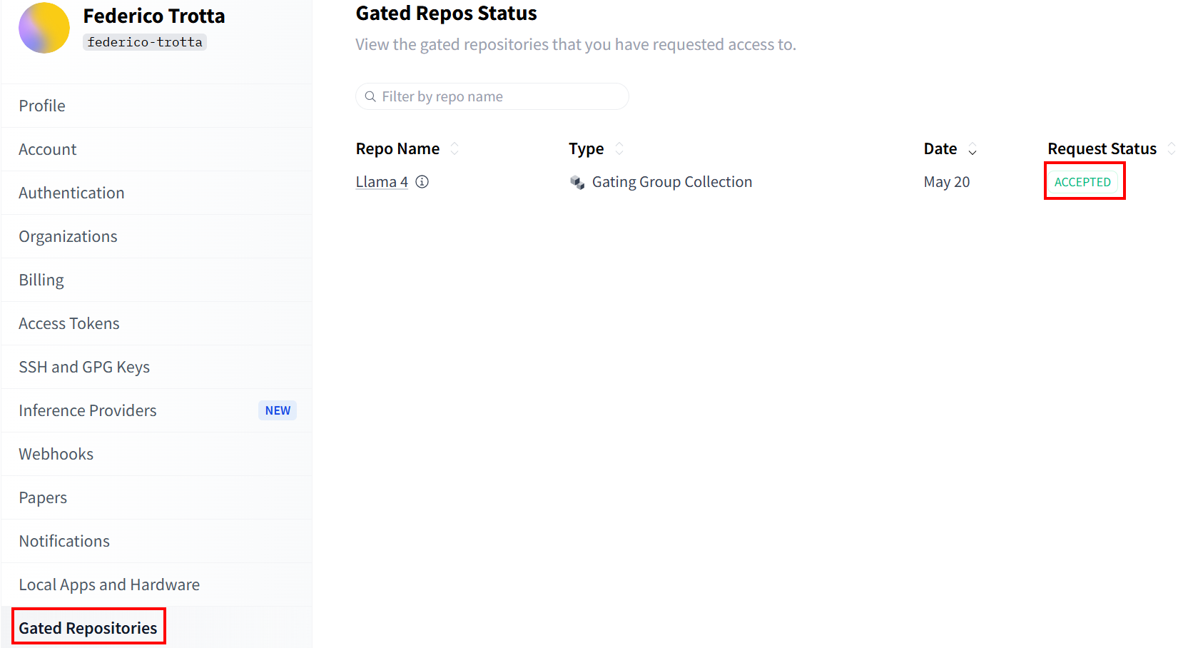 Checking the status in the Gated Repositories section