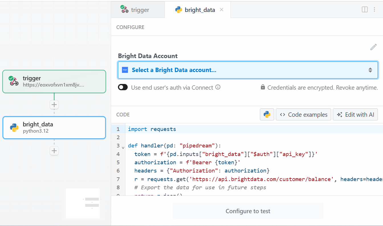 Pipedreamの「任意のBright Data APIをPythonで使用する」アクション