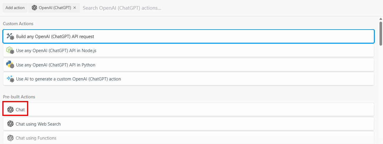OpenAIのチャットオプションを選択する
