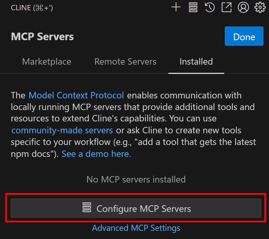 MCPサーバーの設定」ボタンをクリックする。