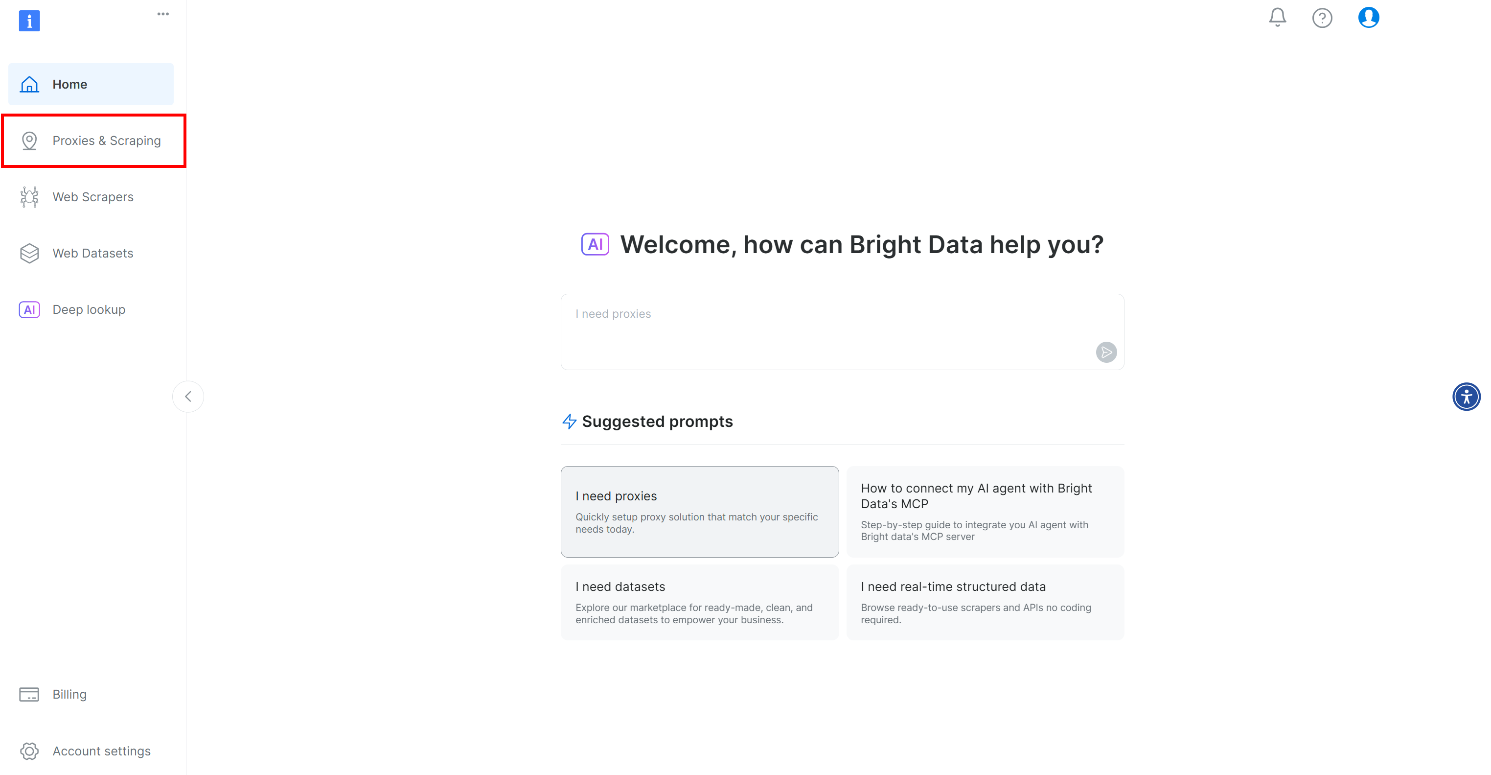 Bright Dataダッシュボードの "Proxies & Scraping "ボタンをクリックします。