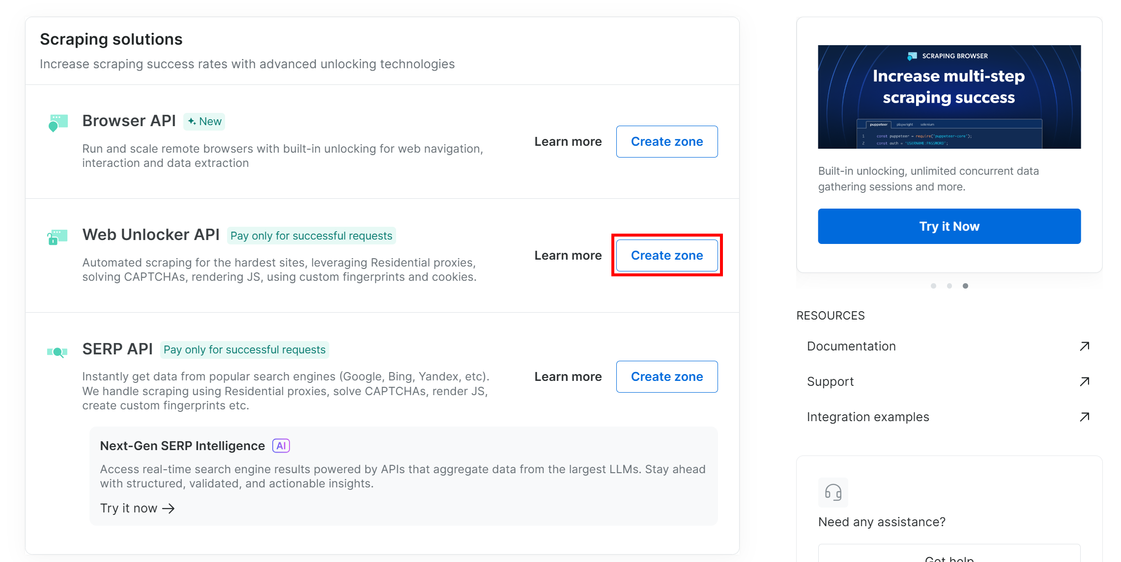 Web Unlocker API "カードの "Create zone "をクリックする。