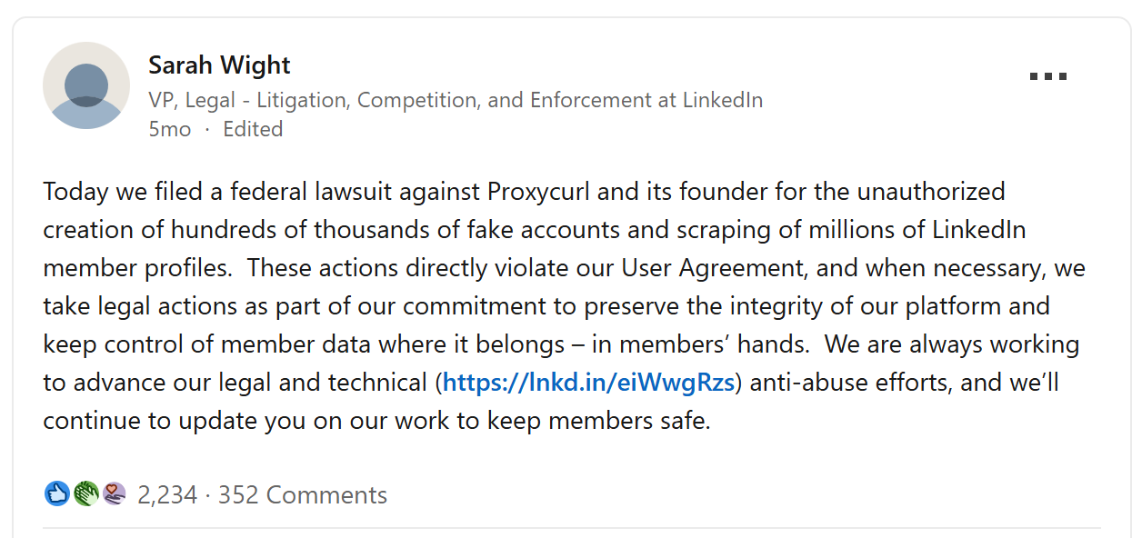 サラ・ワイトのLinkedInでの投稿