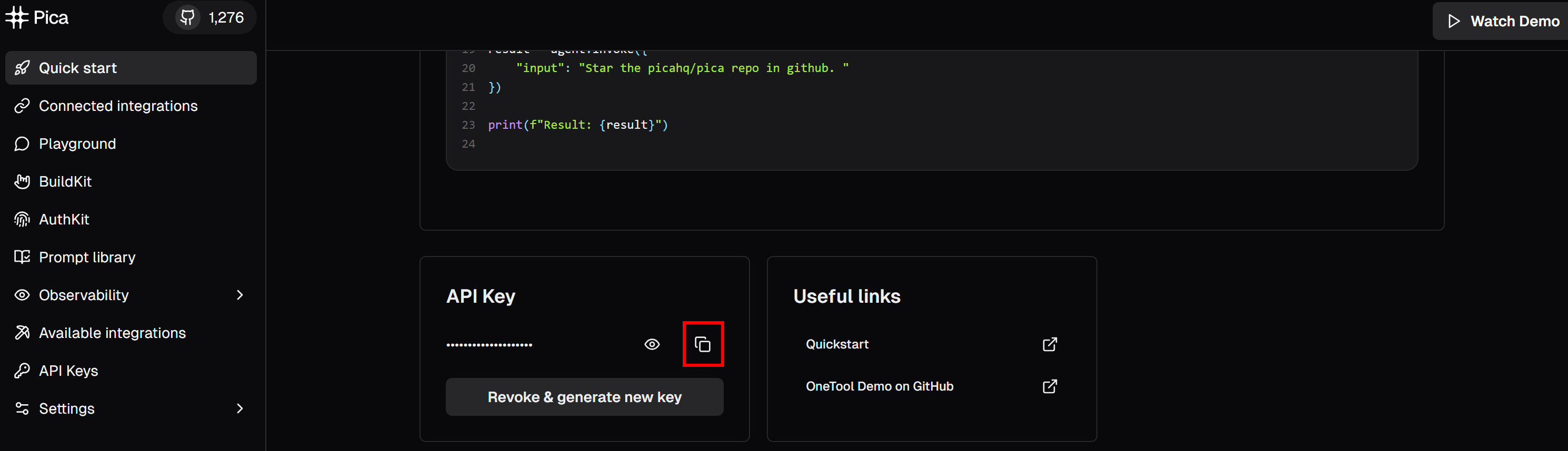 API Key "セクションの "Copy to clipboard "ボタンをクリックする。