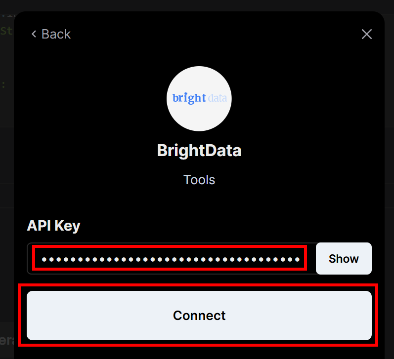 Bright Data API キーを貼り付け、"Connect" を押します。