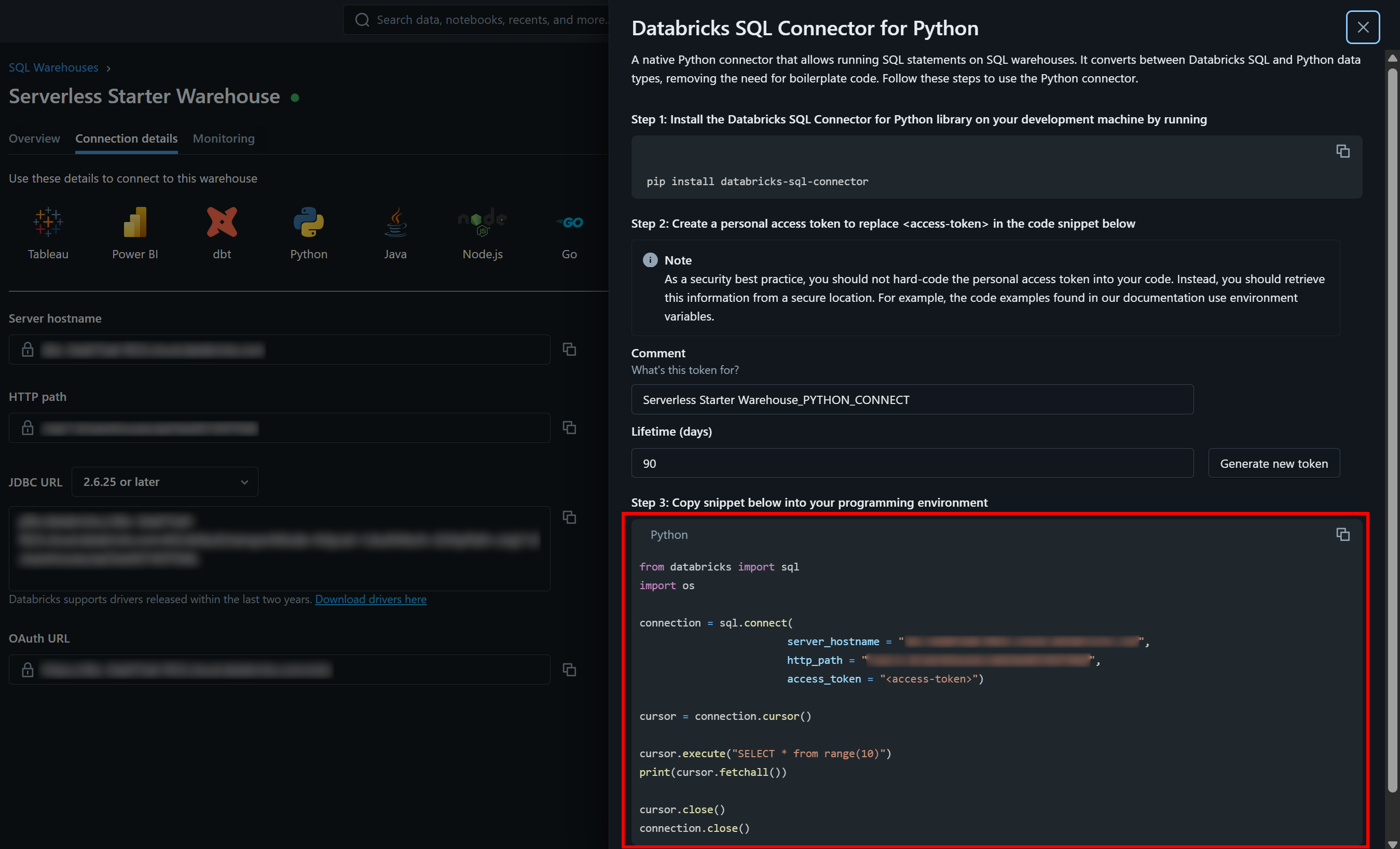 The databricks-sql-connector sample snippet