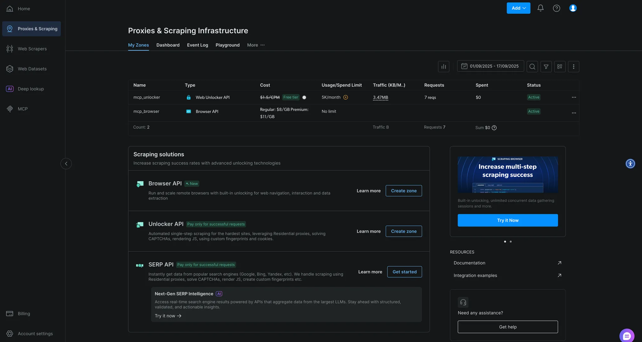 Bright Data's control panel showing the free tier MCP requests