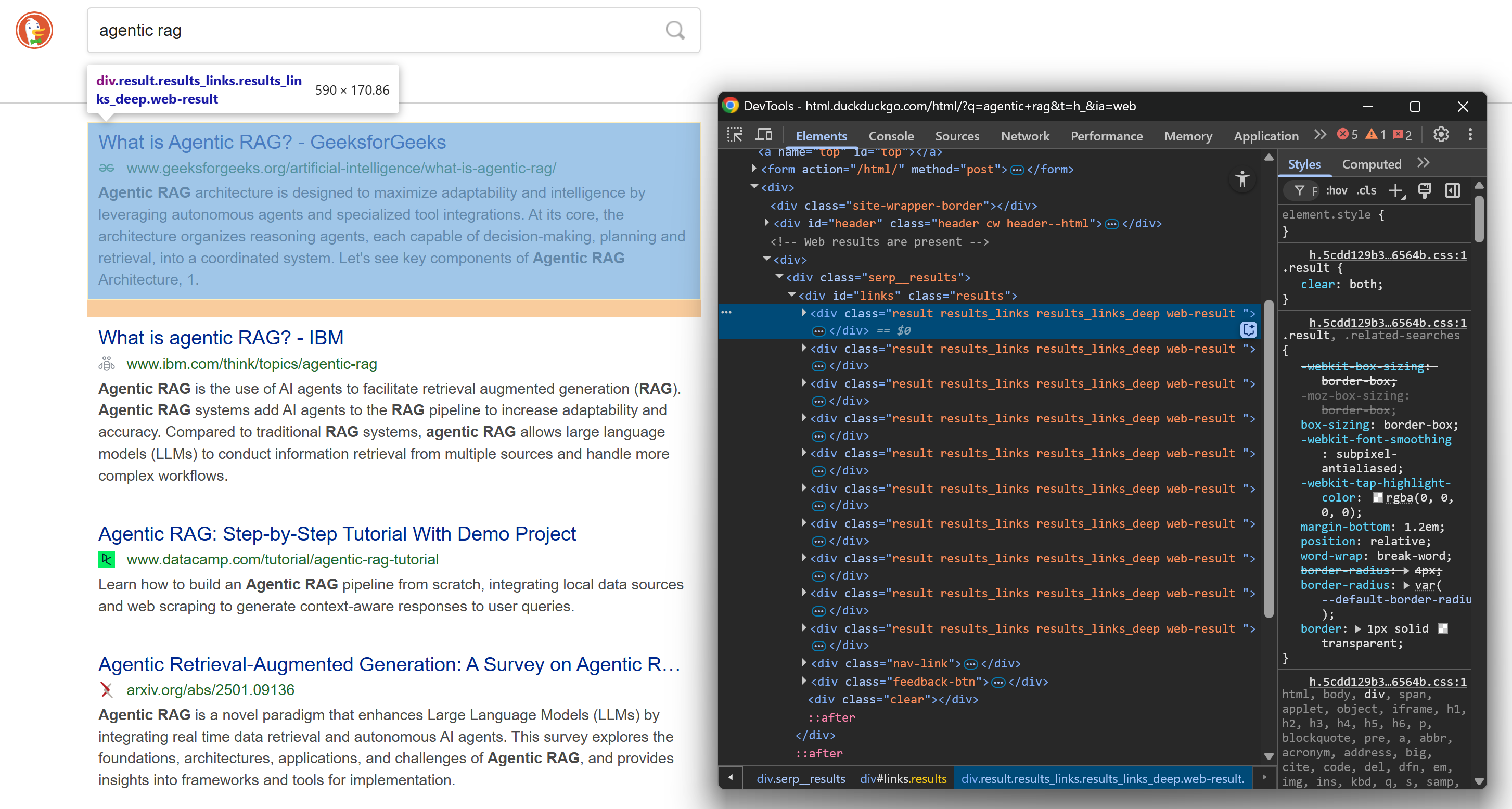 Inspecting the target DuckDuckGo page