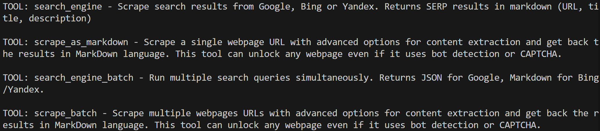 The tool list output with Pro mode disabled