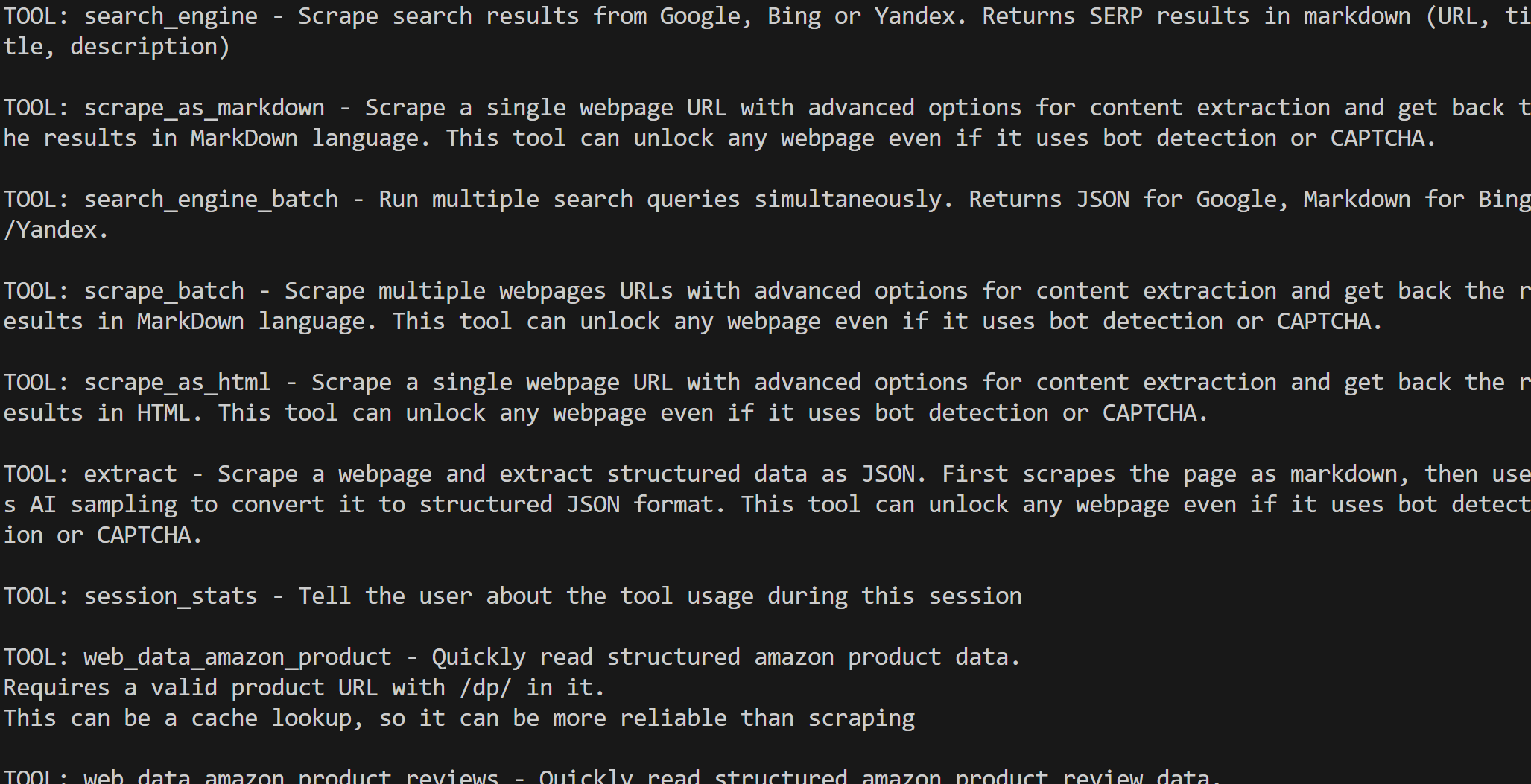 The tool list output with Pro mode enabled