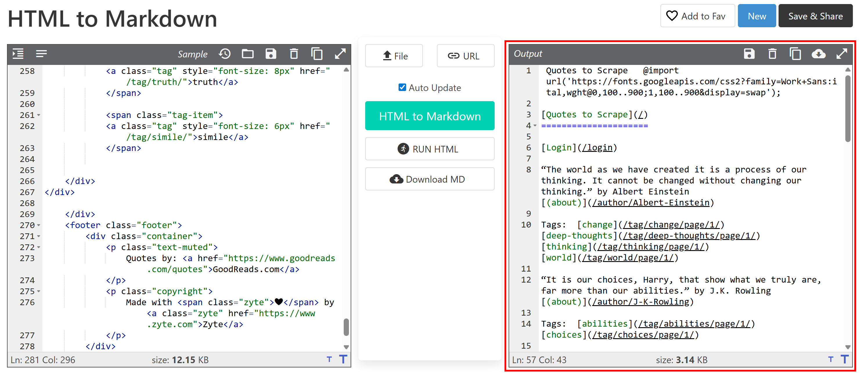The pasted text in the HTML to Markdown converter
