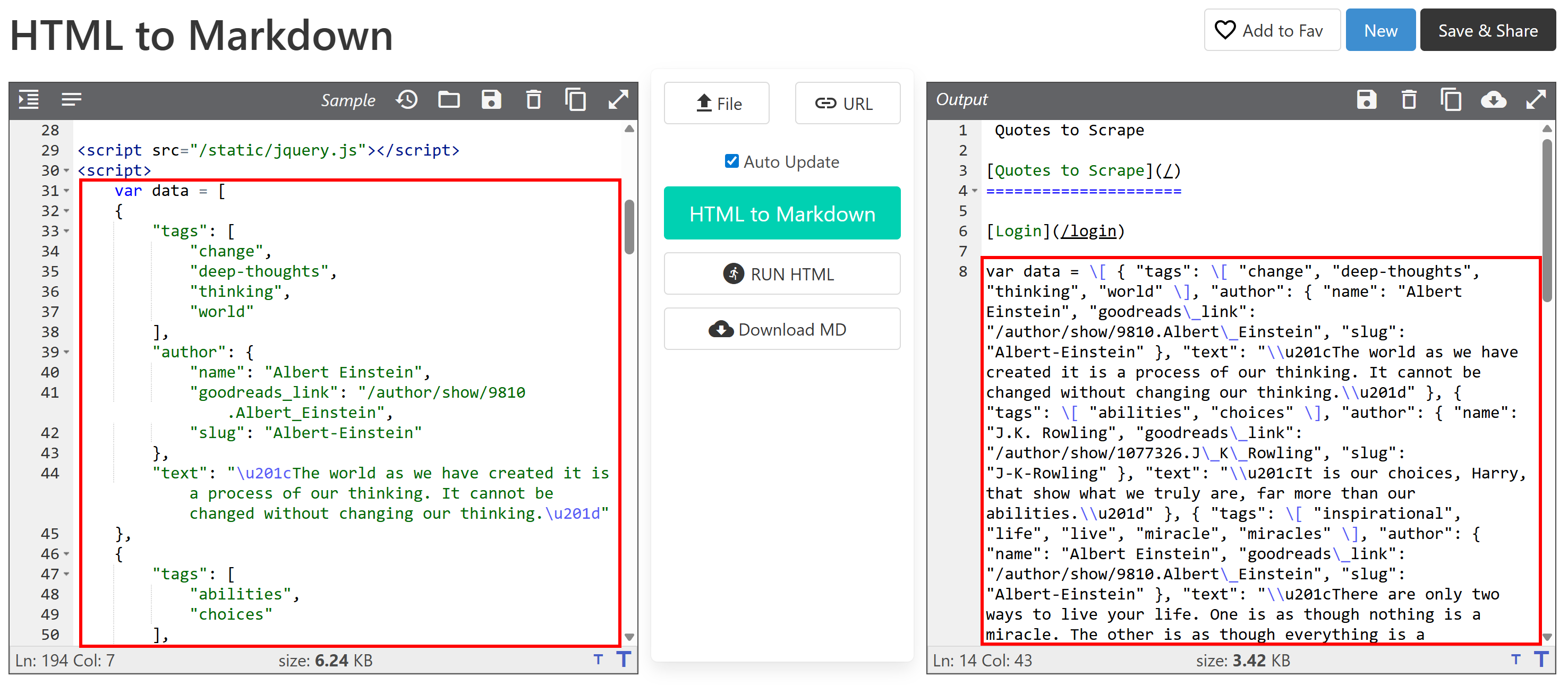 The content of the <script> is replicated in the Markdown output