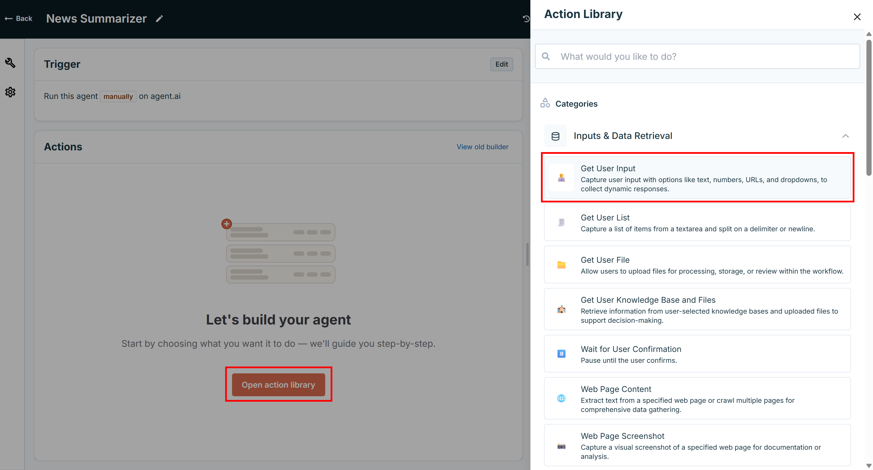 Selecting a “Get User Input” action