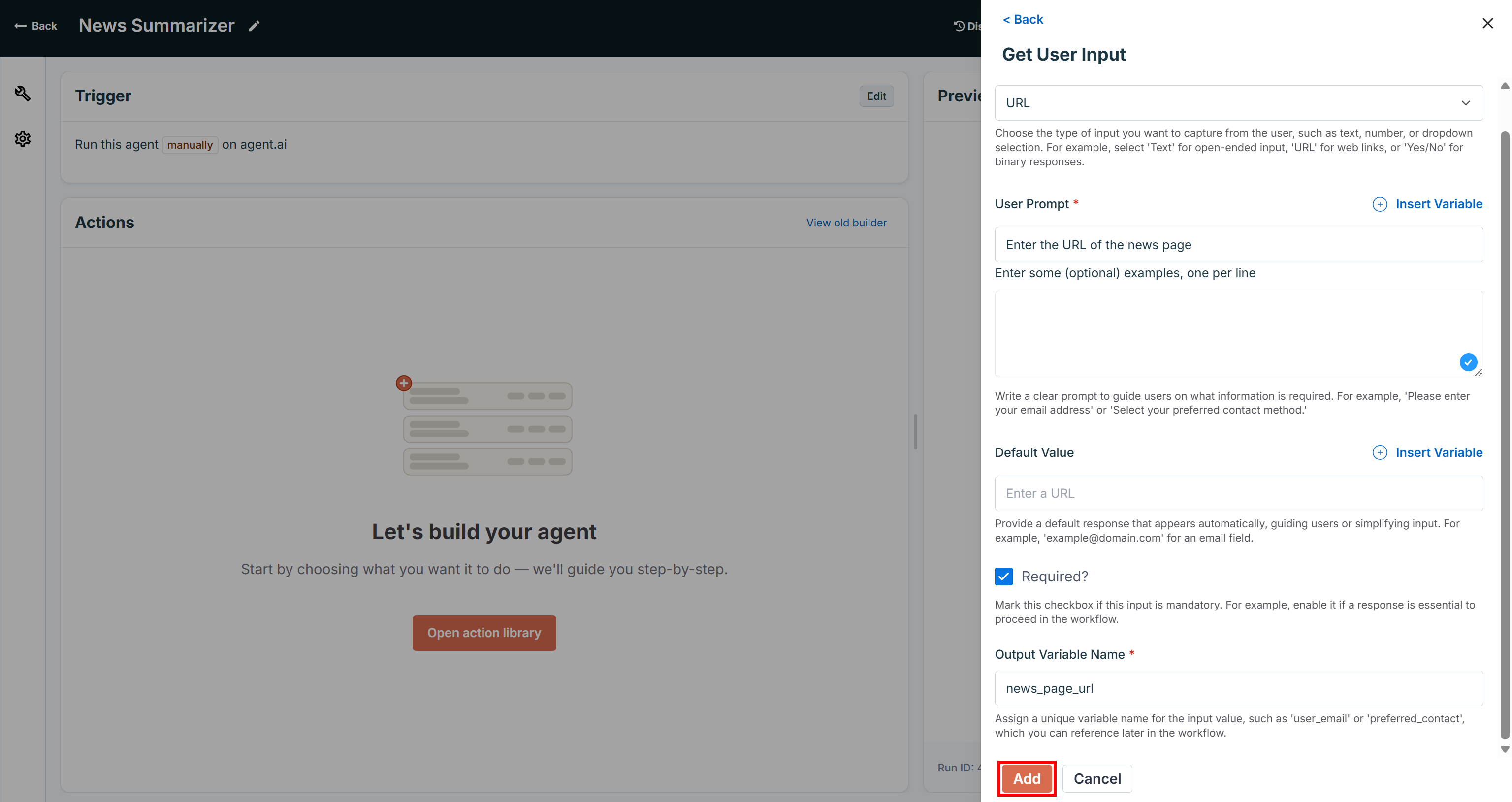 Adding a user input for the news URL