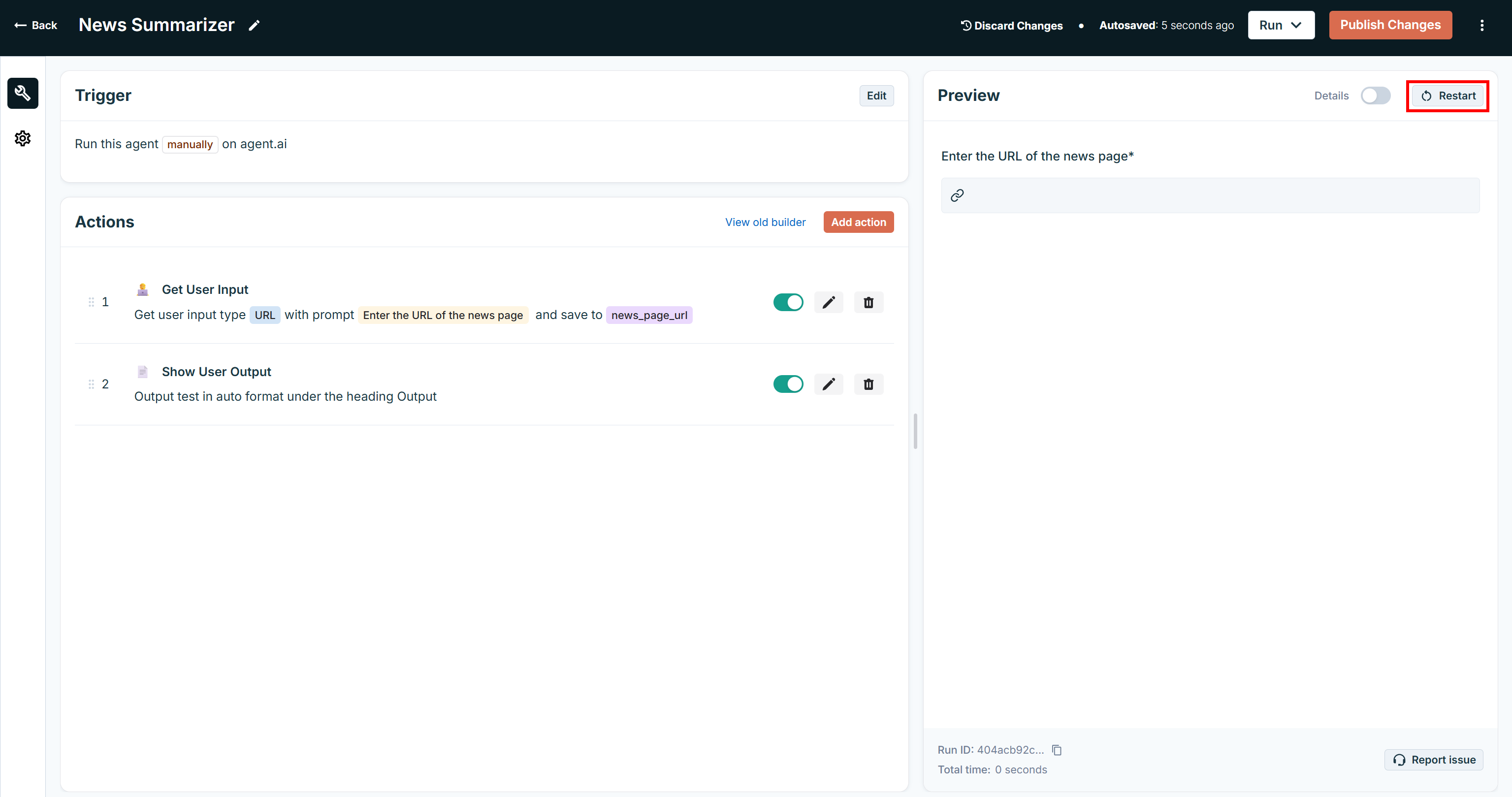 Reloading the agent preview