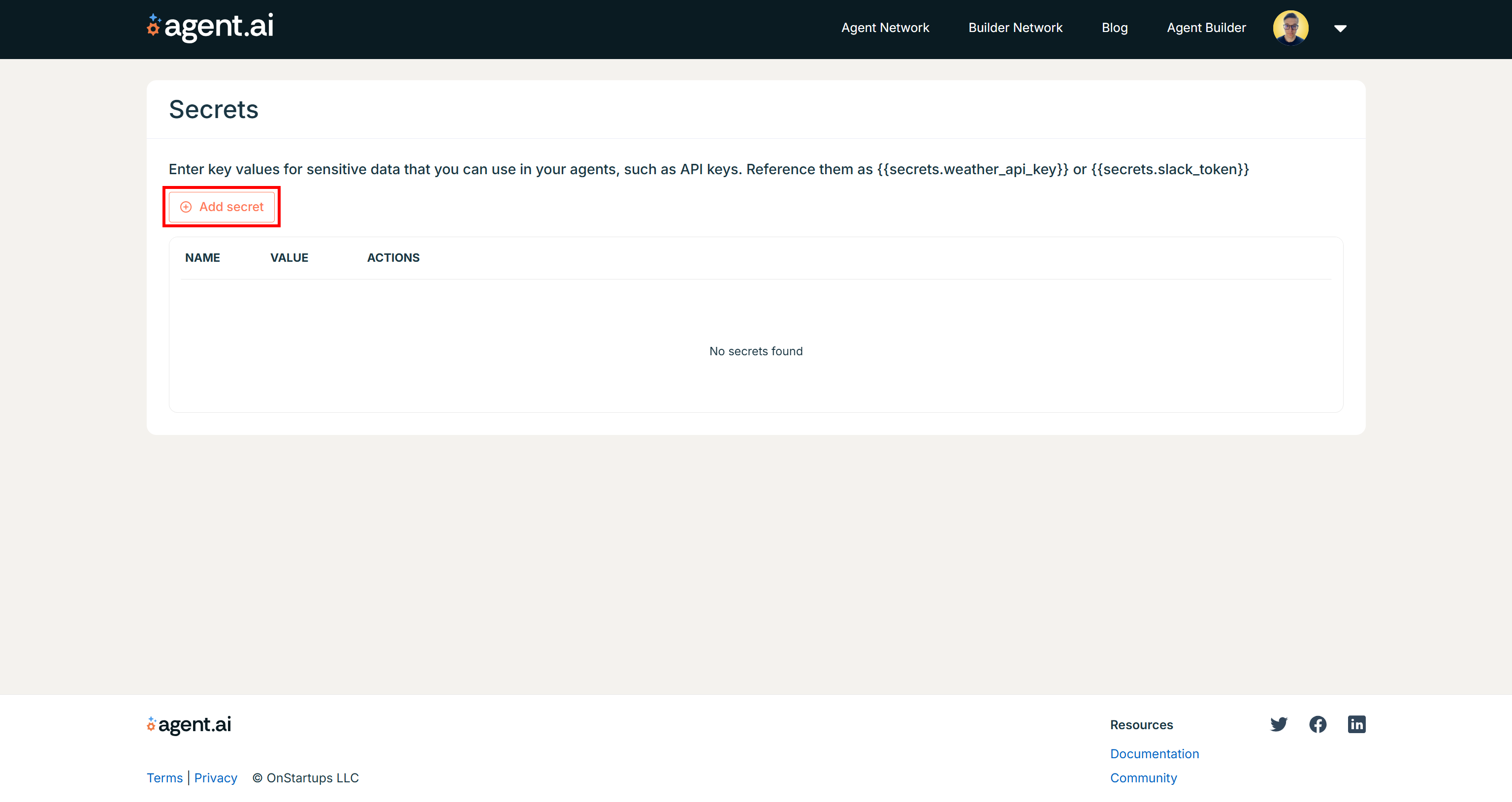 Clicking the “Add Secret” button