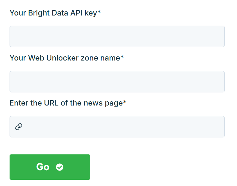 Note the fields for the Bright Data API key and Web Unlocker zone name