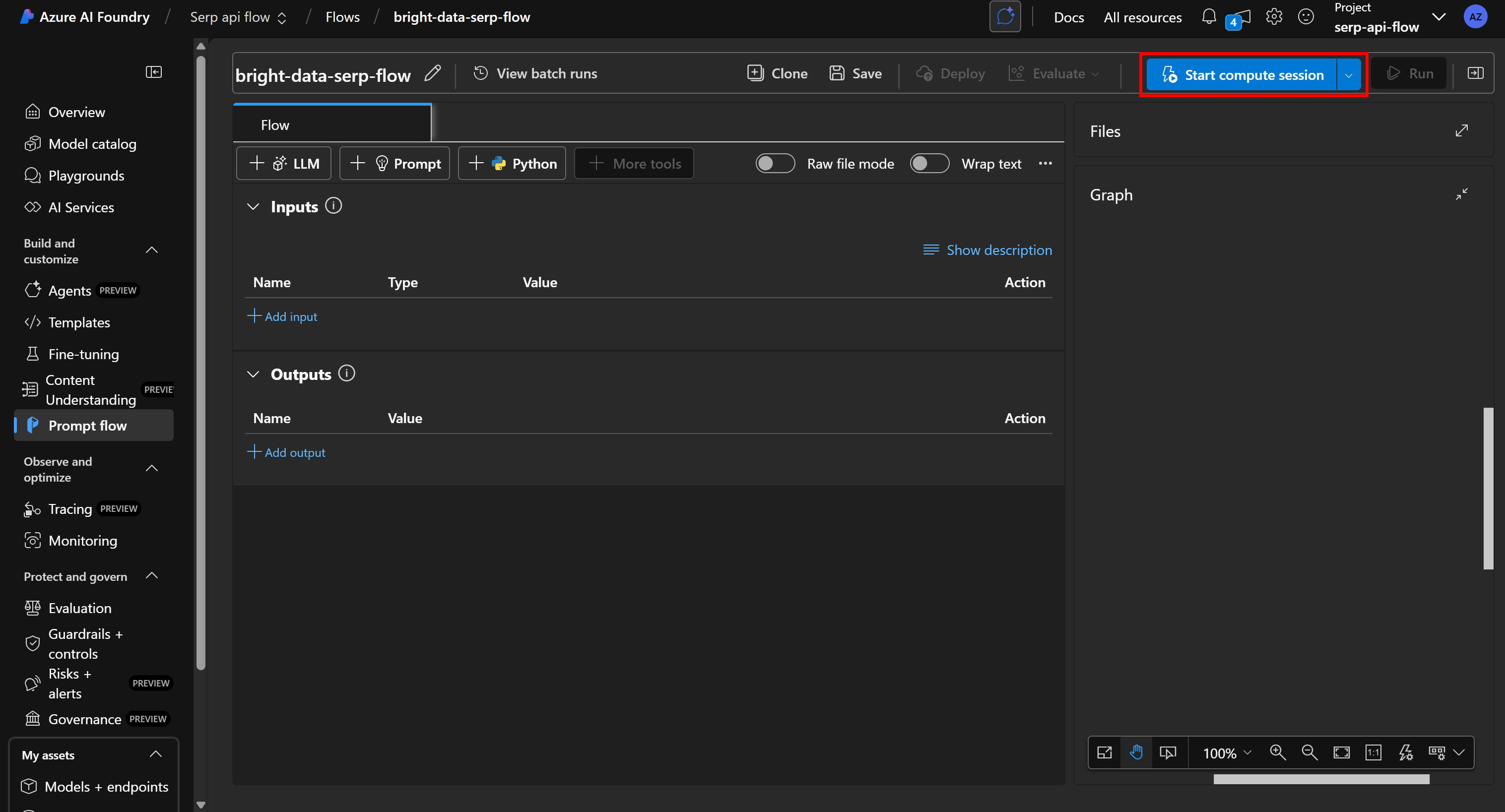 Starting the compute session in your new, blank flow